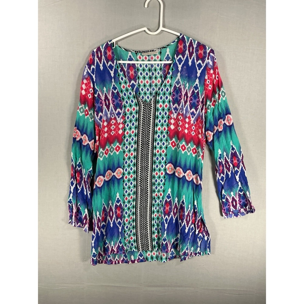 La‎ Blanca Women's Bohemian Tunic Top V-Neck Long Sleeve Multicolor